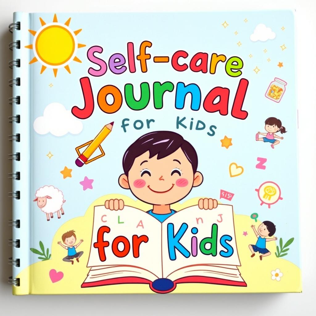 A vibrant and fun book cover for a self-care journal aimed at kids, featuring a smiling cartoon child at the center