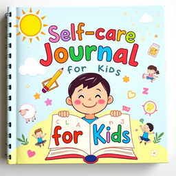 A vibrant and fun book cover for a self-care journal aimed at kids, featuring a smiling cartoon child at the center