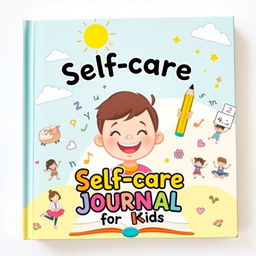 A vibrant and fun book cover for a self-care journal aimed at kids, featuring a smiling cartoon child at the center