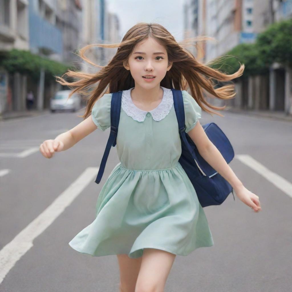 Anime-style picture of a girl with long hair, wearing a frock and carrying a school bag, calmly running on a city street, with a neutral expression on her face.