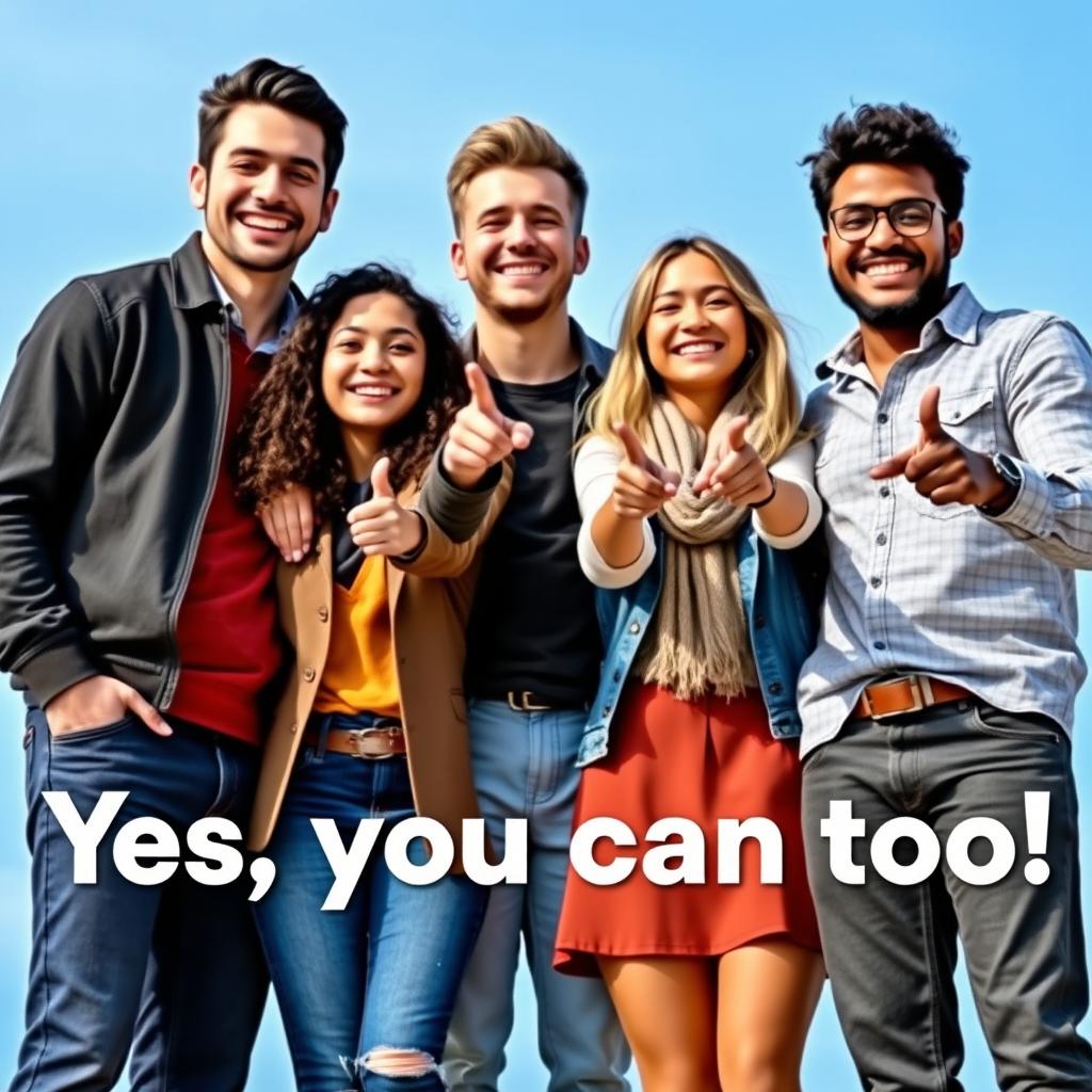 A cheerful group of five people standing together, looking forward with expressions of joy and motivation, symbolizing their triumphs in life