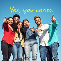 A cheerful group of five people standing together, looking forward with expressions of joy and motivation, symbolizing their triumphs in life