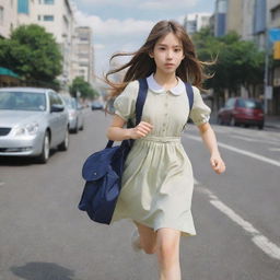 Anime-style picture of a girl with long hair, wearing a frock and carrying a school bag, calmly running on a city street, with a neutral expression on her face.