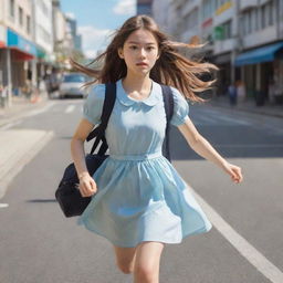 Anime-style picture of a girl with long hair, wearing a frock and carrying a school bag, calmly running on a city street, with a neutral expression on her face.