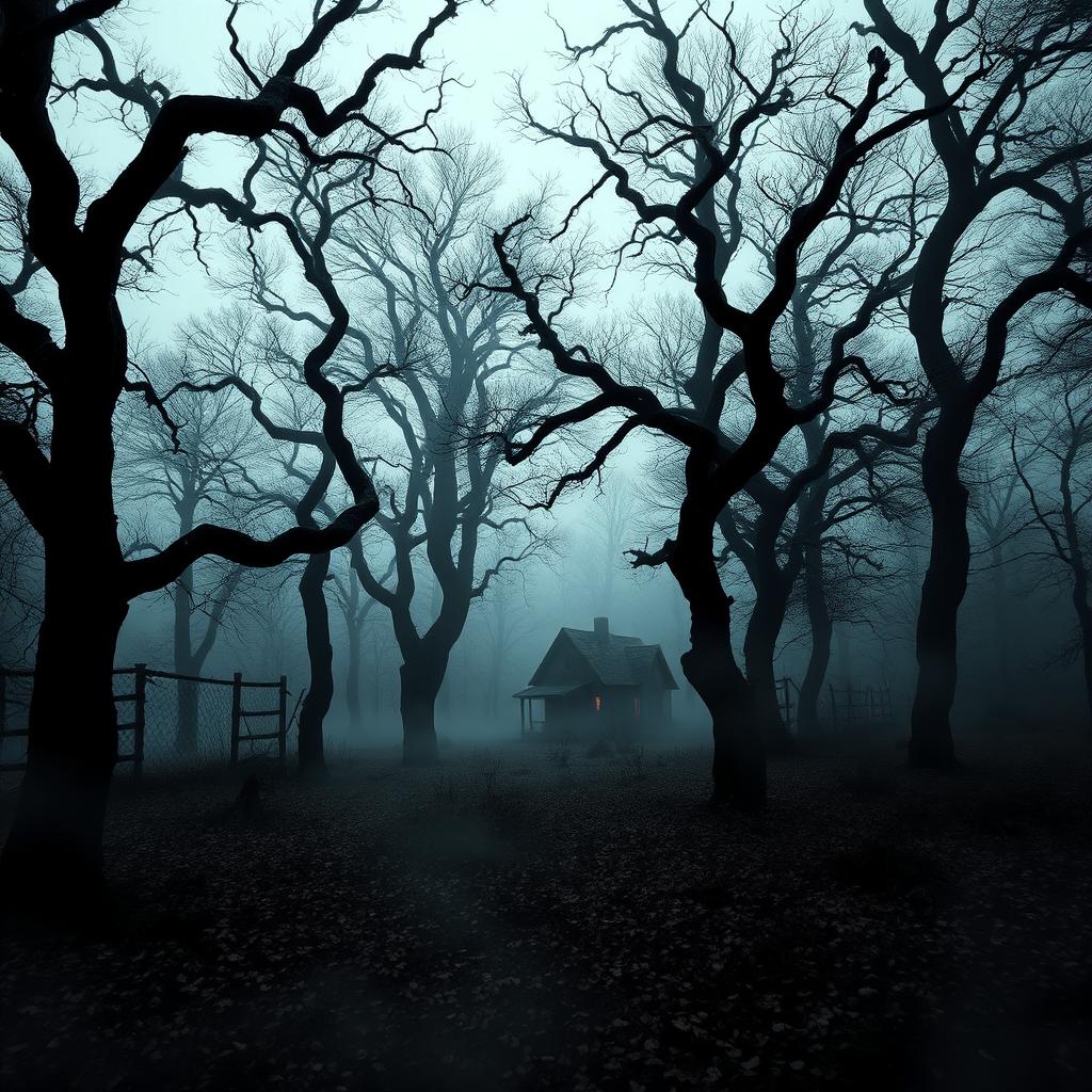 A spooky forest landscape featuring towering trees with twisted branches and ominous shadows