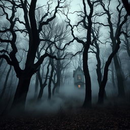 A spooky forest landscape featuring towering trees with twisted branches and ominous shadows