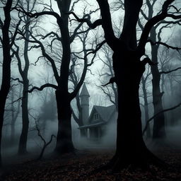 A spooky forest landscape featuring towering trees with twisted branches and ominous shadows