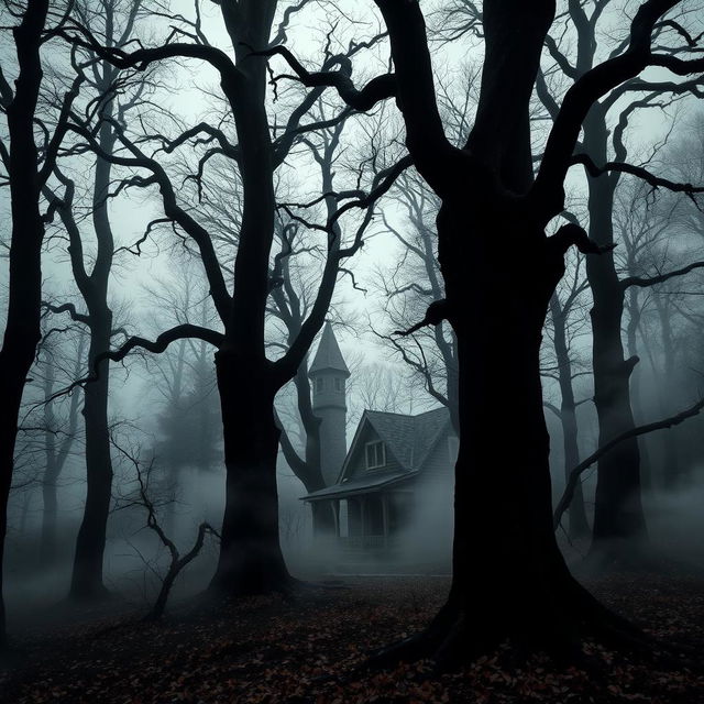 A spooky forest landscape featuring towering trees with twisted branches and ominous shadows