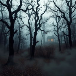 A spooky forest landscape featuring towering trees with twisted branches and ominous shadows