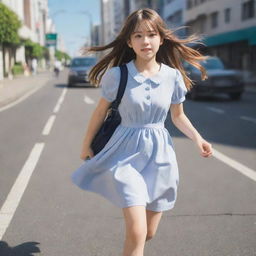 Anime-style picture of a girl with long hair, wearing a frock and carrying a school bag, calmly running on a city street, with a neutral expression on her face.