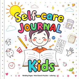 A vibrant and fun book cover for a self-care journal aimed at kids, featuring a smiling cartoon child at the center