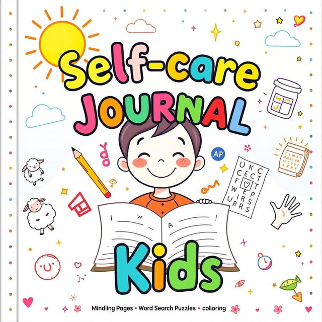 A vibrant and fun book cover for a self-care journal aimed at kids, featuring a smiling cartoon child at the center