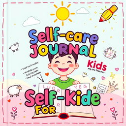 A vibrant and fun book cover for a self-care journal aimed at kids, featuring a smiling cartoon child at the center