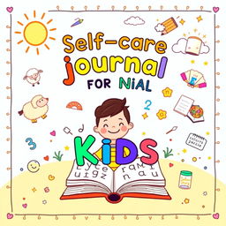 A vibrant and fun book cover for a self-care journal aimed at kids, featuring a smiling cartoon child at the center