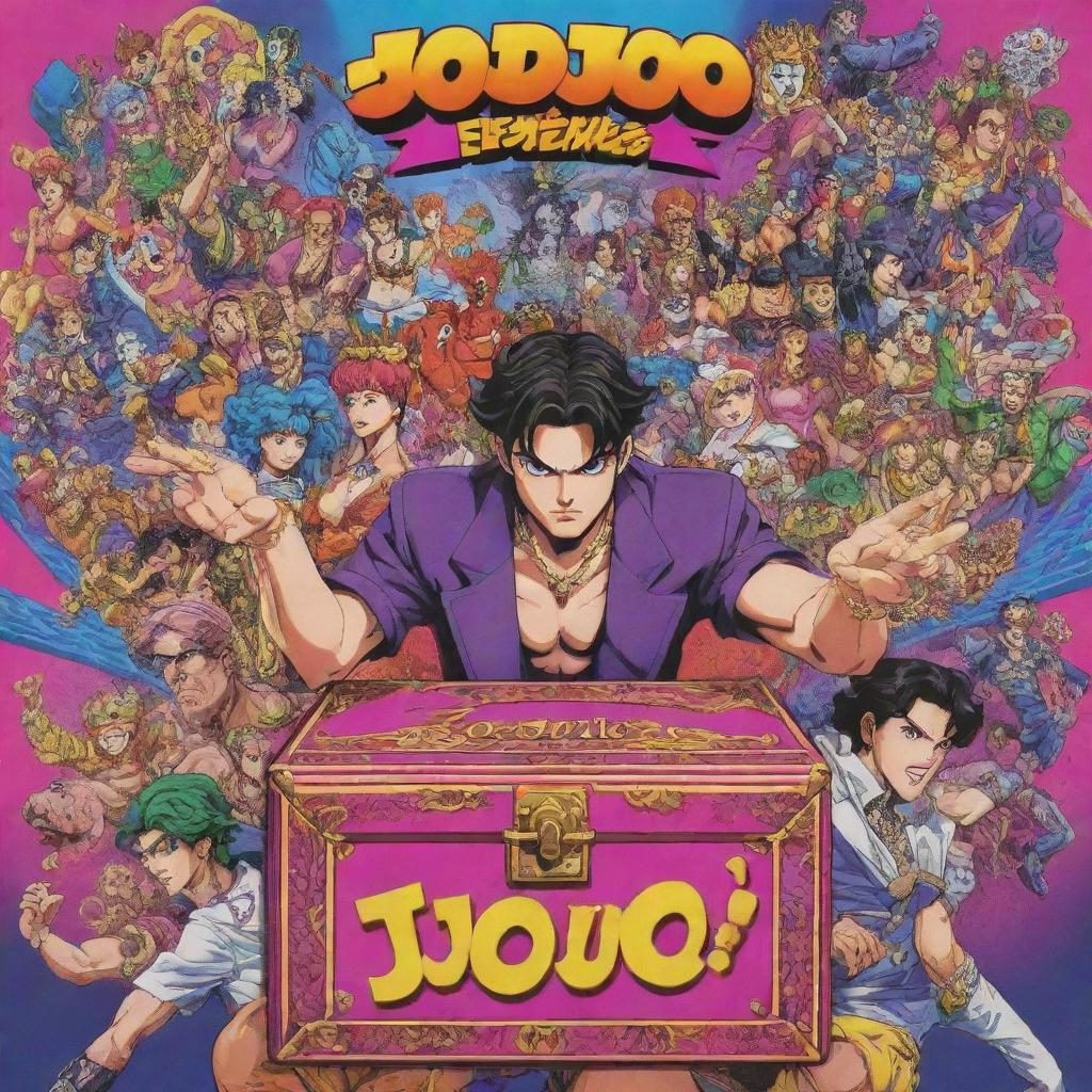 A vibrant Jojo's Bizarre Adventure styled scene, holding a mysterious box filled with dorilocos, surrounded by extravagant and colorful characters. Include iconic Jojo's elements like characteristic character poses and striking visual effects, all complemented by flashy typography.