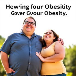 A joyful couple who were previously obese, standing together and looking forward with expressions of happiness and motivation, symbolizing their victory over obesity