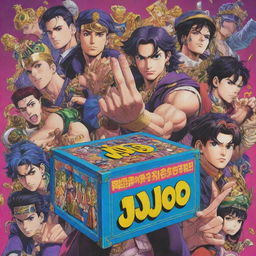 A vibrant Jojo's Bizarre Adventure styled scene, holding a mysterious box filled with dorilocos, surrounded by extravagant and colorful characters. Include iconic Jojo's elements like characteristic character poses and striking visual effects, all complemented by flashy typography.