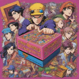 A vibrant Jojo's Bizarre Adventure styled scene, holding a mysterious box filled with dorilocos, surrounded by extravagant and colorful characters. Include iconic Jojo's elements like characteristic character poses and striking visual effects, all complemented by flashy typography.