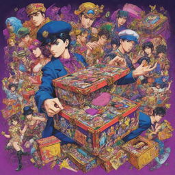 A vibrant Jojo's Bizarre Adventure styled scene, holding a mysterious box filled with dorilocos, surrounded by extravagant and colorful characters. Include iconic Jojo's elements like characteristic character poses and striking visual effects, all complemented by flashy typography.