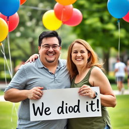 A joyful scene depicting a man and a woman celebrating their weight loss success