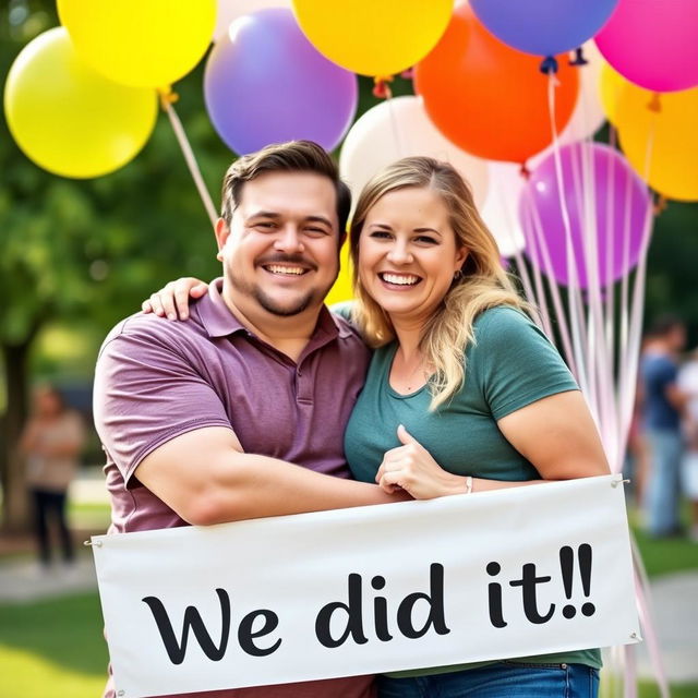 A joyful scene depicting a man and a woman celebrating their weight loss success