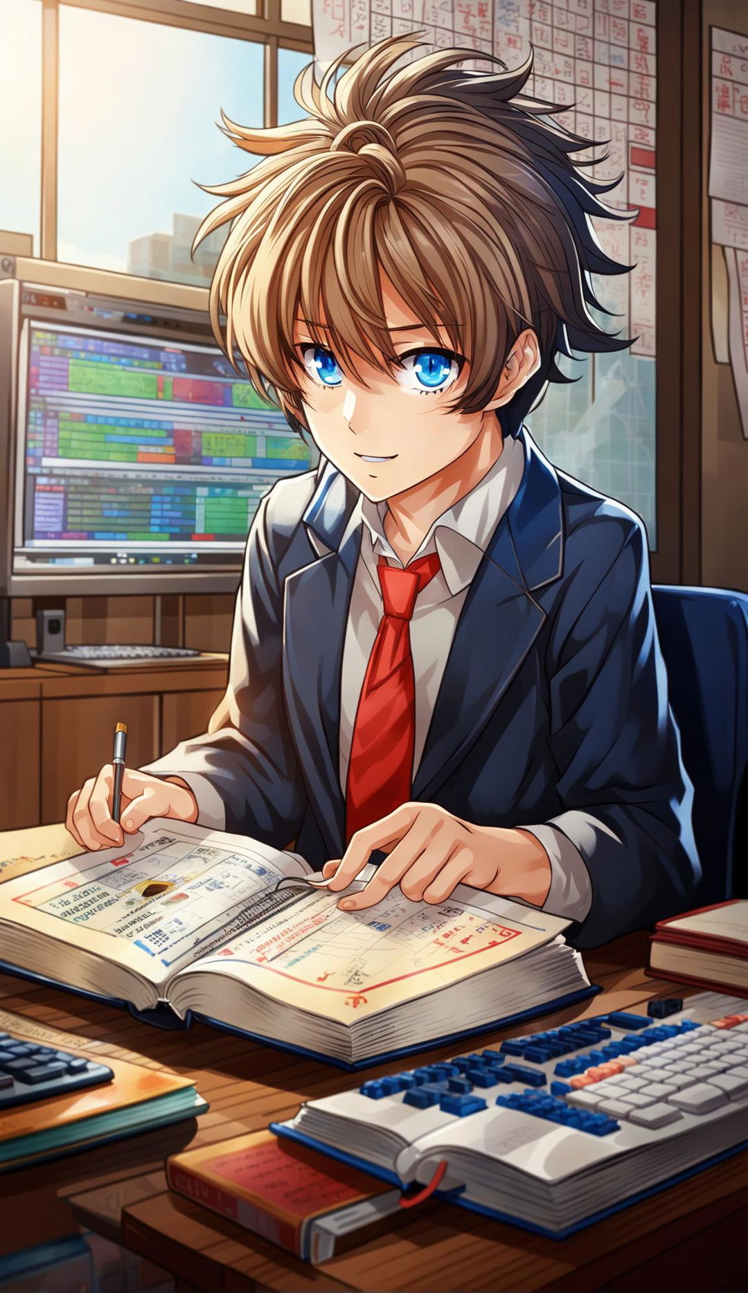 Detailed anime illustration of a kawaii schoolboy with chestnut hair and bright blue eyes, engrossed in a PHP programming book in a sunlit classroom, dressed in a traditional Japanese school uniform.