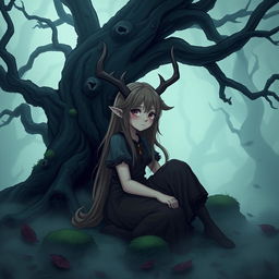 A girl druid character with deer features, including one prominent horn on her forehead, sitting in an eerie forest shrouded in mist