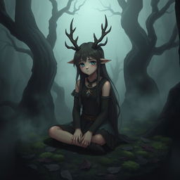 A girl druid character with deer features, including one prominent horn on her forehead, sitting in an eerie forest shrouded in mist