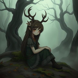 A girl druid character with deer features, including one prominent horn on her forehead, sitting in an eerie forest shrouded in mist