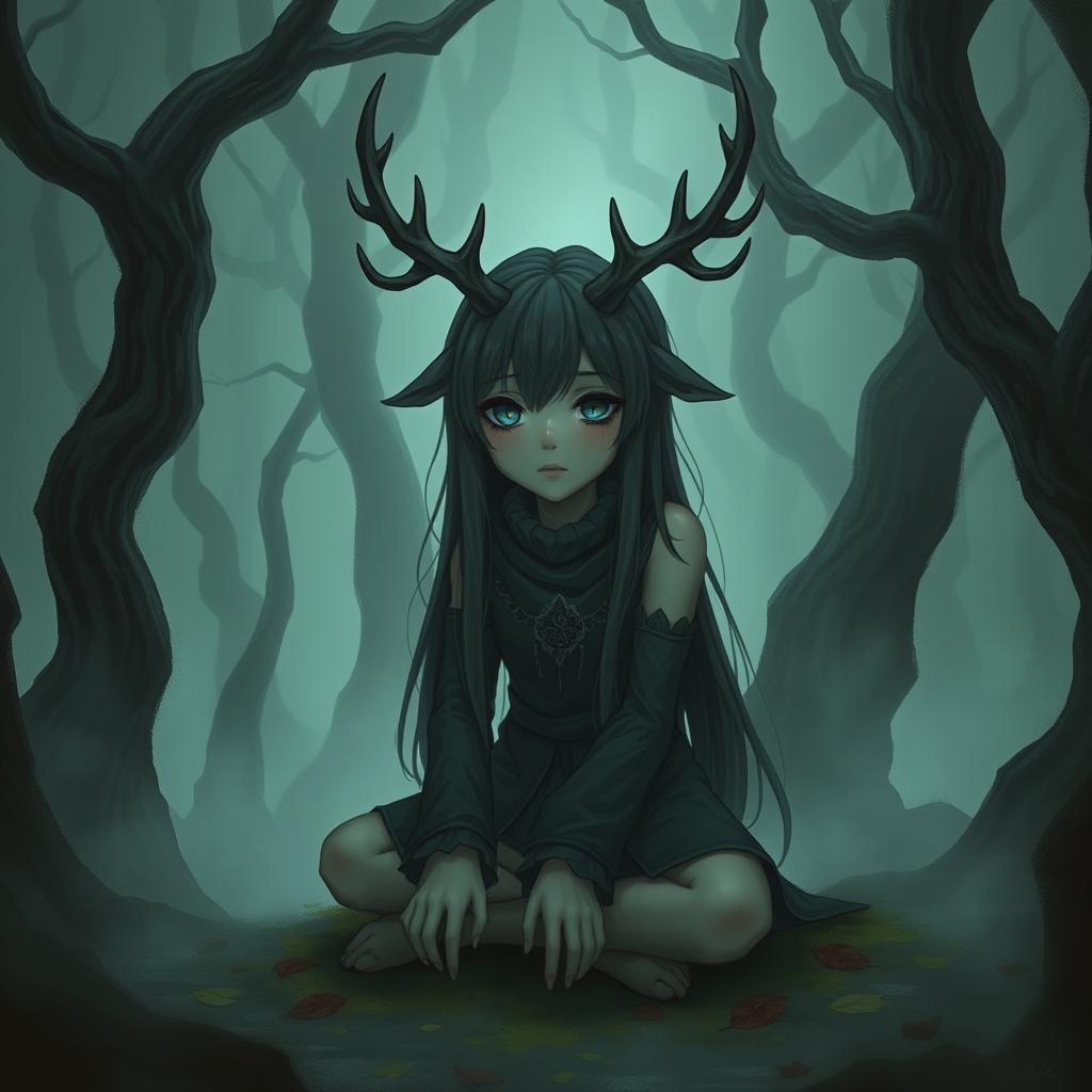 A girl druid character with deer features, including one prominent horn on her forehead, sitting in an eerie forest shrouded in mist