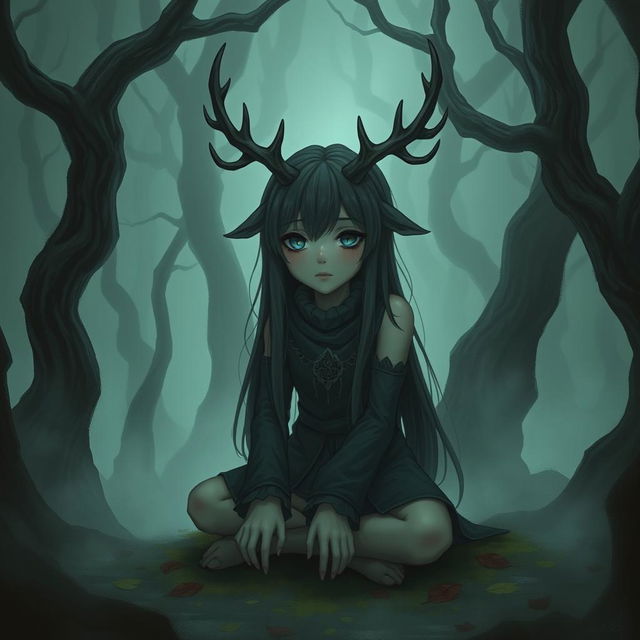 A girl druid character with deer features, including one prominent horn on her forehead, sitting in an eerie forest shrouded in mist