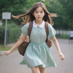 Anime-styled image of a girl with long hair, wearing a frock, casually running with a school bag on her shoulder and a calm expression on her face.