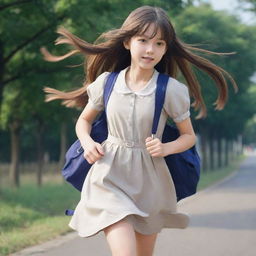 Anime-styled image of a girl with long hair, wearing a frock, casually running with a school bag on her shoulder and a calm expression on her face.