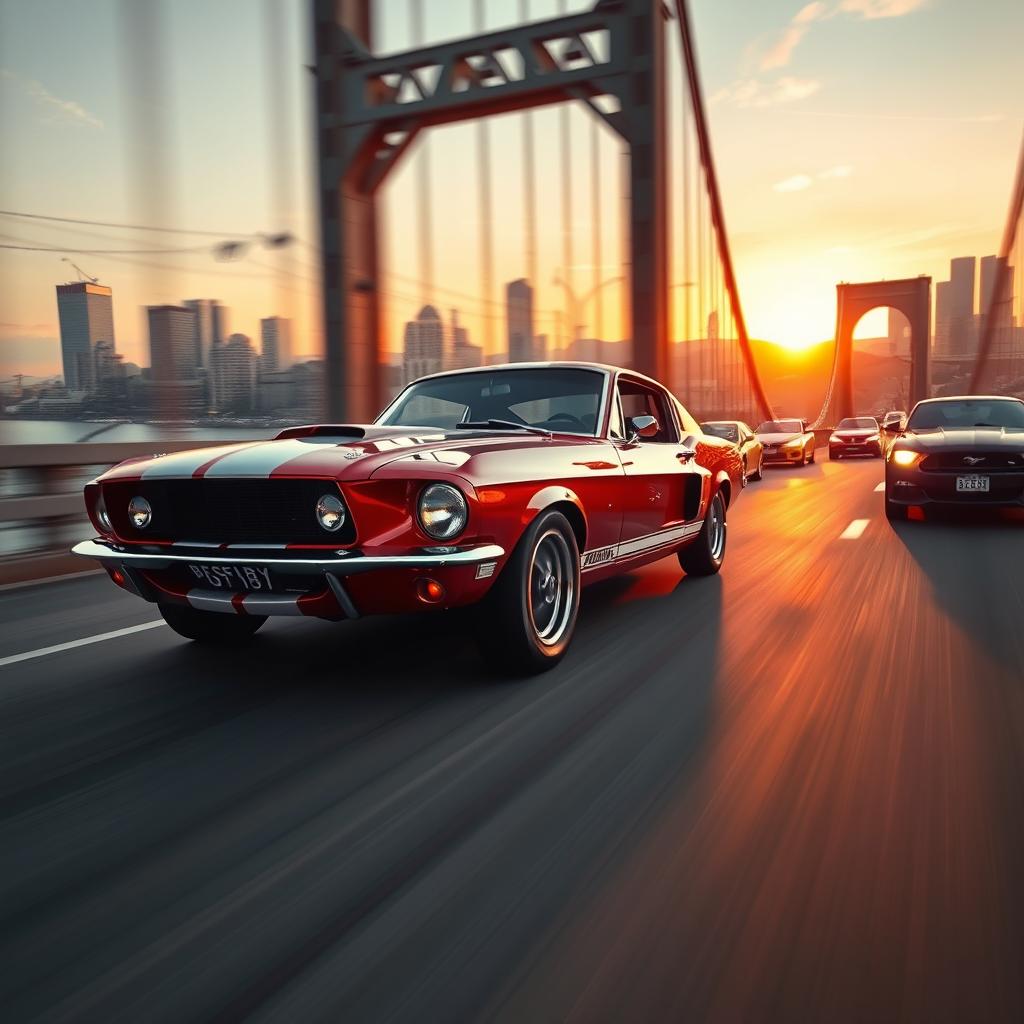 A thrilling action scene featuring a 1967 Shelby Ford Mustang GT 500 racing at full speed across a Los Angeles bridge