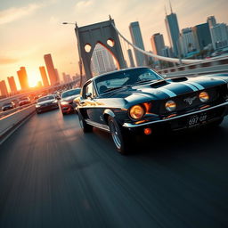 A thrilling action scene featuring a 1967 Shelby Ford Mustang GT 500 racing at full speed across a Los Angeles bridge