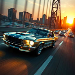 A thrilling action scene featuring a 1967 Shelby Ford Mustang GT 500 racing at full speed across a Los Angeles bridge