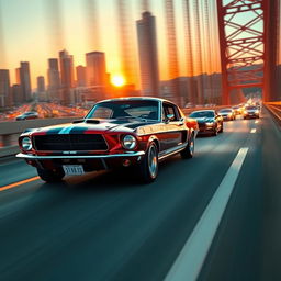 A thrilling action scene featuring a 1967 Shelby Ford Mustang GT 500 racing at full speed across a Los Angeles bridge