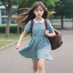 Anime-styled image of a girl with long hair, wearing a frock, casually running with a school bag on her shoulder and a calm expression on her face.