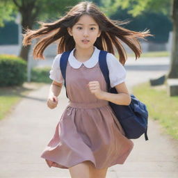 Anime-styled image of a girl with long hair, wearing a frock, casually running with a school bag on her shoulder and a calm expression on her face.