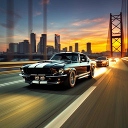 A thrilling action scene featuring a 1967 Shelby Ford Mustang GT 500, famously known as Eleanor, racing at full speed across a Los Angeles bridge