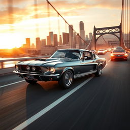 A thrilling action scene featuring a 1967 Shelby Ford Mustang GT 500, famously known as Eleanor, racing at full speed across a Los Angeles bridge