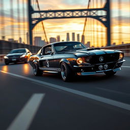 A thrilling action scene featuring a 1967 Shelby Ford Mustang GT 500, famously known as Eleanor, racing at full speed across a Los Angeles bridge