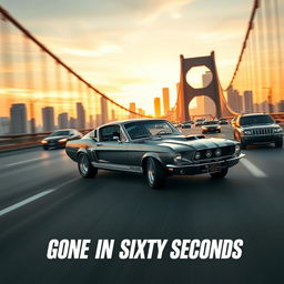 A thrilling action scene featuring a 1967 Shelby Ford Mustang GT 500, famously known as Eleanor, racing at full speed across a Los Angeles bridge