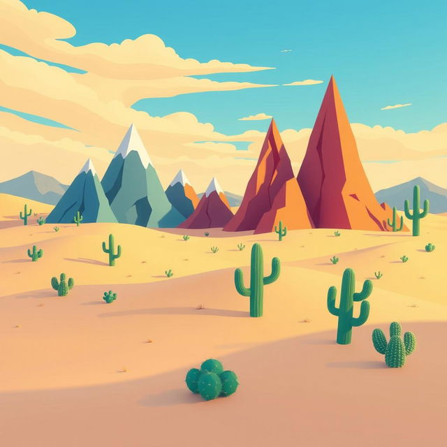 A whimsical 2D desert landscape featuring mountains designed to resemble bar graphs, with each mountain representing different heights and widths as if they are data points