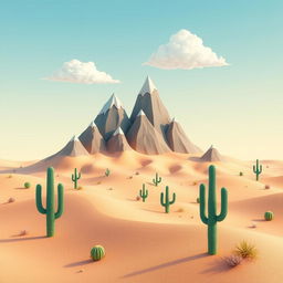 A whimsical 2D desert landscape featuring mountains designed to resemble bar graphs, with each mountain representing different heights and widths as if they are data points