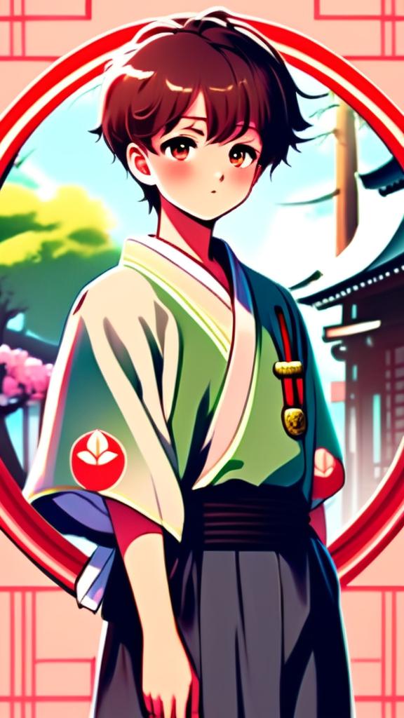 Anime art of a charming schoolboy with chestnut hair and bright eyes, dressed in a traditional Japanese uniform. He's encased within a neon circular border against a pastel lo-fi background.