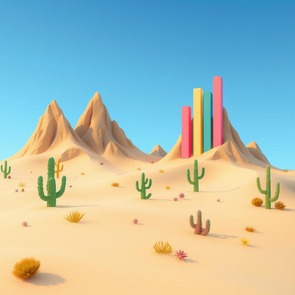 A creative 2D desert landscape featuring mountains that resemble bar graphs, with each mountain designed like a vertical bar representing different data values