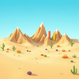 A creative 2D desert landscape featuring mountains that resemble bar graphs, with each mountain designed like a vertical bar representing different data values