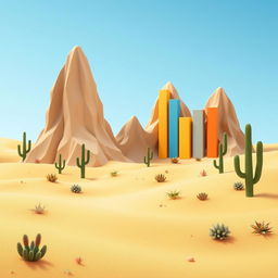 A creative 2D desert landscape featuring mountains that resemble bar graphs, with each mountain designed like a vertical bar representing different data values