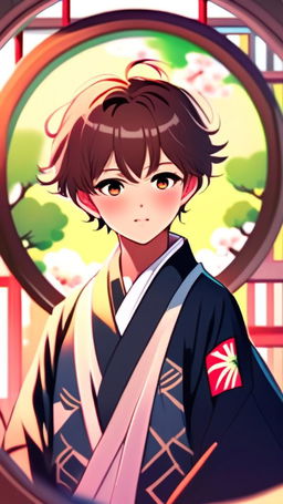 Anime art of a charming schoolboy with chestnut hair and bright eyes, dressed in a traditional Japanese uniform. He's encased within a neon circular border against a pastel lo-fi background.